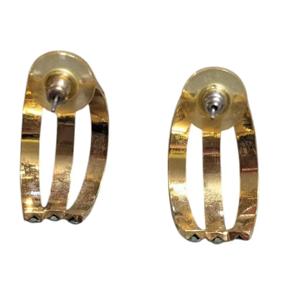 Vintage Inspired Gold Tone Rhinestone Open Oval Hoop Sparkley Earrings